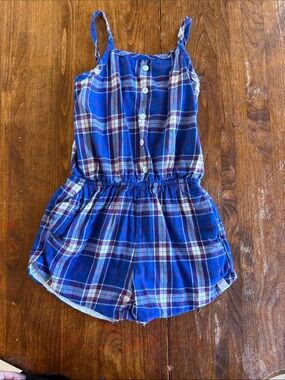 SweetHoney Blue Plaid Girls' Romper with Buttons